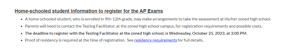 Home-Schooled student information to register for the AP Exams